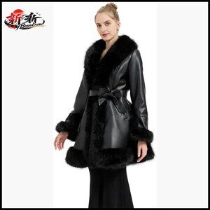 Faux Fur Collar Faux Leather Jacket Women Long Sleeve Coat With Pockets Belt